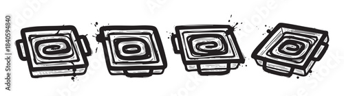 Four abstract stylized rectangular boxes with spiral designs are arranged in a row, featuring a distressed hand-drawn black and white ink illustration style.