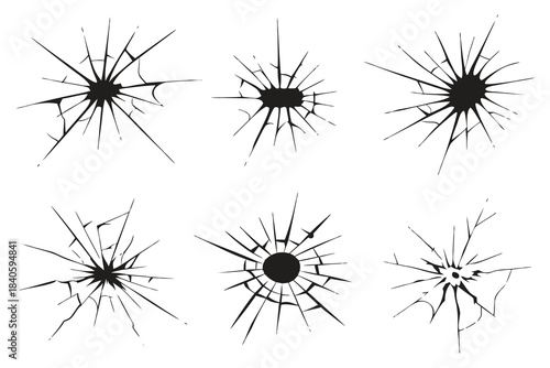 Collection of six black ink splatters and cracks on a white background