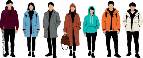 Group of six diverse people standing in various warm winter clothes: coats, parkas, and hoodies, representing cold weather fashion, outerwear, and urban lifestyle vector illustration.