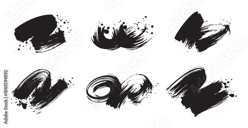 Black ink brush strokes create a dynamic collection of artistic grunge textures and expressive paint splatters, perfect for creative design elements.