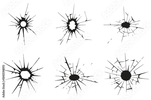  Collection of six realistic black and white cracked glass or window break effects
