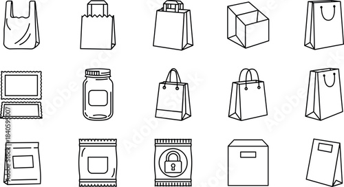 Set of retail packaging, shopping, and commercial container line icons: plastic bag, paper bag, jar, sealed pouch, and box, representing consumer goods vector illustration.
