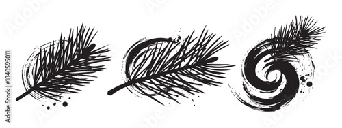 Stylized conifer branches with artistic brush strokes and ink splatters create a grunge nature illustration set for winter designs.