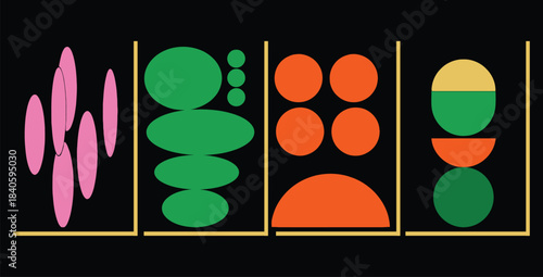 Abstract geometric composition featuring four distinct panels of colorful shapes against a dark background