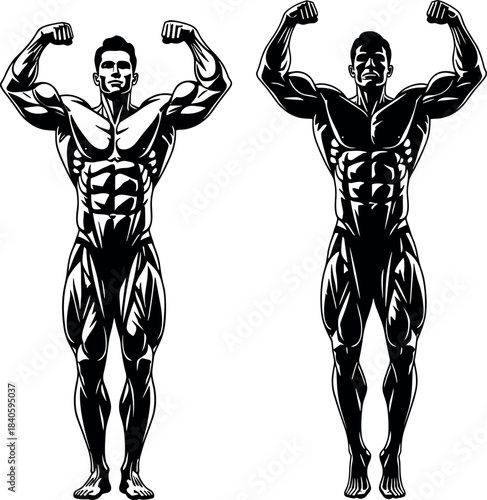 Professional Bodybuilder Double Biceps Pose Vector Illustration, Muscular Man Showing Strength and Physique, Fitness, Gym, and Bodybuilding Competition Symbol Graphic, Black and White Design.