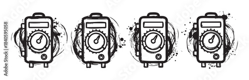 Multimeter tools are illustrated in a row with a distressed, hand-drawn aesthetic, featuring measurement dials and digital displays.