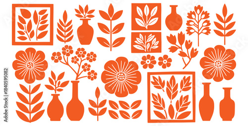 Collection of stylized orange floral and botanical elements including vases and framed nature motifs
