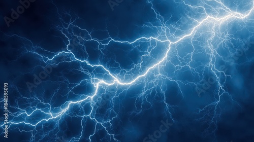 Powerful electric discharge bright lightning storm energy against deep blue dramatic sky background