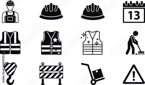 Set of black silhouette icons for construction safety, labor, and industrial work: hard hat, safety vest, warning barrier, crane hook, and cleaning worker vector illustration collection.