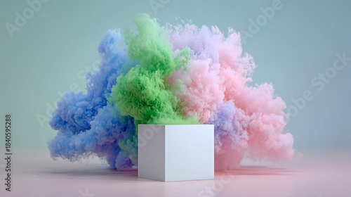 A white cube releases vibrant, fluffy clouds of blue, green, pink, and purple