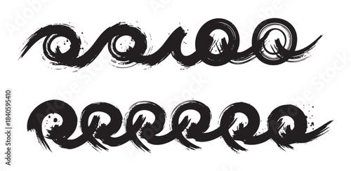 Black hand-drawn brushstroke waves create an artistic and dynamic border design with a textured ink effect, ideal for creative projects and graphic elements.