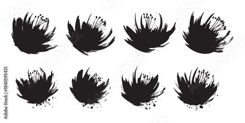 Abstract brush stroke flowers collection with artistic ink splatters creating a dynamic and expressive floral design element for various creative projects.