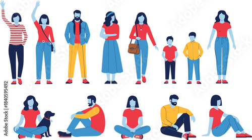 Set of diverse people, men, women, and children, in various standing and sitting poses, representing family, community, social groups, and casual lifestyle vector illustration.