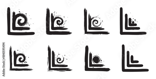 Black brush stroke corners with artistic spiral and splatter details create a versatile set of grunge design elements for creative projects.