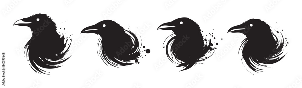 Obraz premium Four stylized black raven bird illustrations feature artistic brushstrokes and ink splash textures, creating a striking and modern graphic design element.