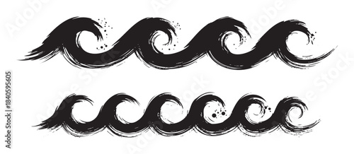 Stylized hand-drawn black waves with a grunge texture create a dynamic and artistic border design, evoking a sense of ocean movement and natural energy.