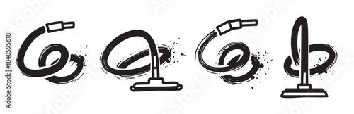 Vacuum cleaner hoses and nozzles are depicted in a stylized, hand-drawn brush stroke illustration with grunge textures, representing household cleaning equipment.