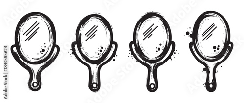 Hand mirrors set with grunge brush stroke texture features a collection of four stylized vanity reflections in a distressed artistic black and white style.