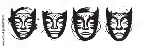 Four artistic tribal masks with intricate patterns and a textured, grunge-like finish, representing cultural diversity and ancient traditions.