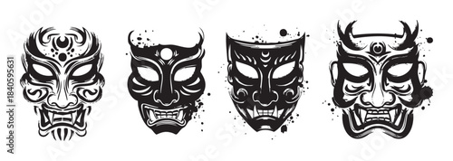 Japanese traditional masks collection featuring various demonic and mythological faces rendered in a dramatic black ink brush stroke style.