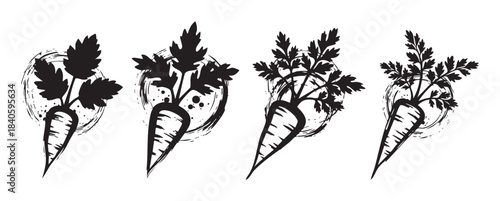 Four graphic black carrot illustrations featuring leafy tops and artistic grunge details, perfect for organic food branding or healthy lifestyle designs.