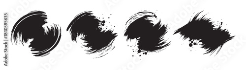 Black brush strokes create dynamic abstract artistic elements, forming a set of expressive ink splatters with textured details and a grunge aesthetic.