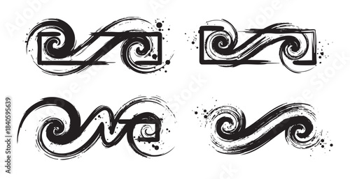 Black ink brush stroke designs feature abstract swirls and rectangular shapes with a grunge texture, perfect for artistic decorative elements.