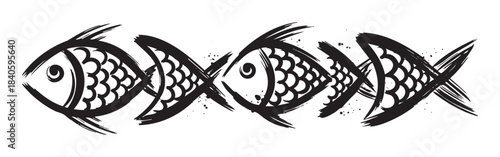 Four stylized fish swimming in a continuous artistic pattern, creating a decorative and modern brushstroke design suitable for various creative projects.