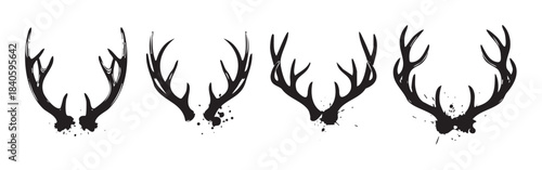 Four pairs of stylized deer antlers with ink splatters create a rustic and artistic collection of wildlife-inspired illustrations for design projects.