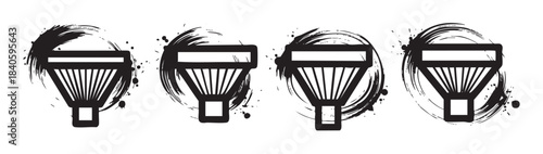 Stylized Japanese tea whisk brushstroke icons are dynamically presented within expressive grunge ink circles with artistic splatters.