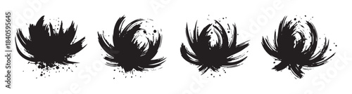 Four abstract black ink brush strokes with a dynamic grunge texture and scattered splatters creating artistic design elements for creative projects.