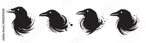 Four stylized black raven bird illustrations feature artistic brushstrokes and ink splash textures, creating a striking and modern graphic design element.