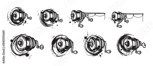 Eight grunge style fishing reels are depicted in a collection of black and white ink illustrations, showcasing various angles and dynamic brush strokes.
