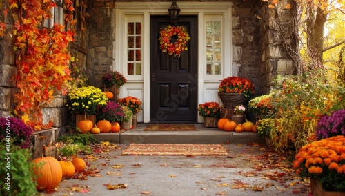 Autumnal Welcome: A charming house entrance adorned with festive autumn decorations, showcasing pumpkins, vibrant flowers, and a welcoming wreath, inviting the season's cozy embrace.