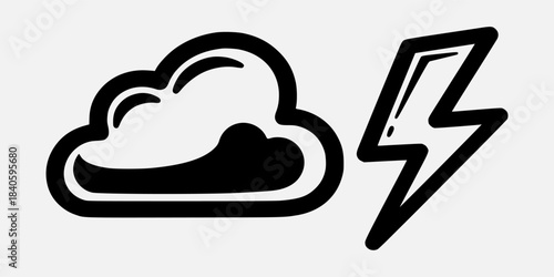 A bold icon of a cloud with a lightning bolt symbolizing a thunderstorm weather condition in a simple graphic illustration style