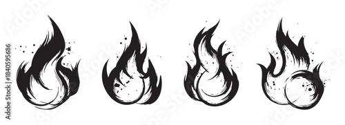 Four stylized black flames with dynamic brush stroke textures and grunge splatters create an energetic and powerful graphic design element.