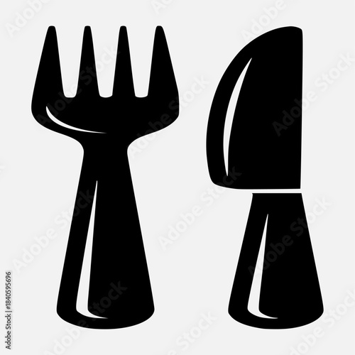 Simple black and white illustration of a fork and knife on a plain background