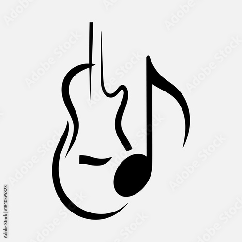 A simple black and white illustration of a guitar and a musical note
