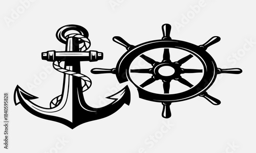 Nautical symbols of an anchor and ship s wheel in black and white