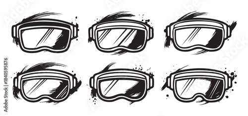 Ski goggles illustrations with a dynamic, hand-drawn grunge style, featuring various designs suitable for winter sports and outdoor adventure themes.