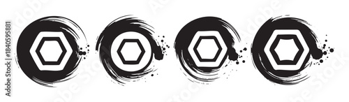 Four hexagonal shapes within artistic brushstroke circles arranged horizontally, creating a modern graphic design element with a grunge texture.