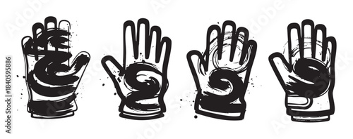 Four artistic black and white grunge gloves illustrated with bold brushstrokes and ink splatters, conveying a unique graphic design for various creative projects.