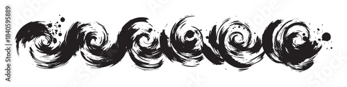 Black brushstroke swirls create a dynamic and artistic wave pattern with textured ink splatters, perfect for abstract graphic design elements.