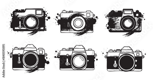 Vintage photographic cameras collection featuring various artistic grunge style illustrations with ink splatters and brush strokes, perfect for creative design projects.