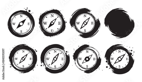 Grunge compass icons set with various distressed brush stroke effects, perfect for navigation, adventure, and exploration themed designs.
