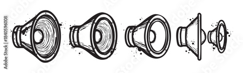 Megaphone speaker icons with distressed hand-drawn style and ink splatters arranged horizontally, representing various sound levels or announcements.