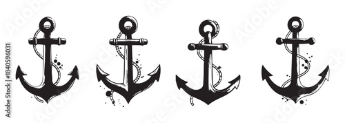 Four distinct nautical anchors showcasing various hand-drawn styles with ropes and ink splatters, symbolizing stability, hope, and maritime adventure.