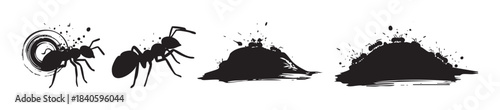 Ants and ant hills vector illustration set featuring various insect silhouettes and grunge style mounds with splatters, perfect for nature or pest control designs.