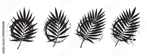 Four artistic black palm leaves with distressed grunge brush strokes creating a stylish tropical design element perfect for summer vacation concepts and nature-inspired themes.