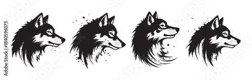Four stylized wolf heads in a graphic black and white illustration showcasing fierce profiles with dynamic brushstroke details and an intense gaze.